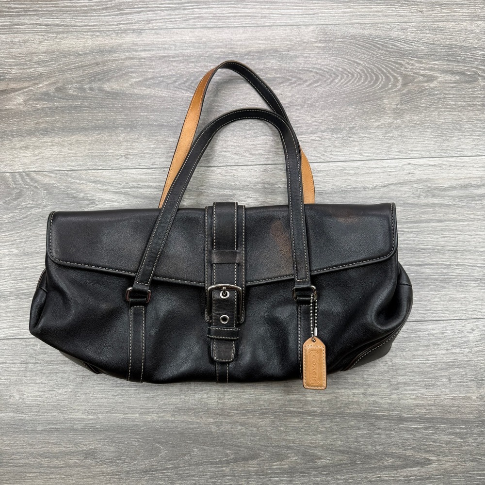 Vintage Coach 9268 Hamptons Flap Satchel Handbag Black Leather Tan Y2K 2004